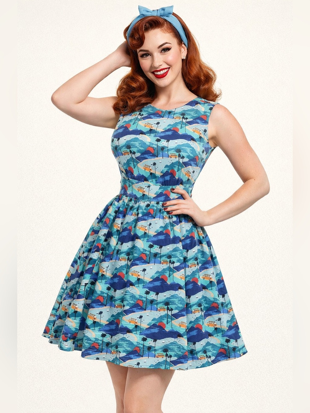 Emily & Fin Scenic Print Sleeveless Fit & Flare Dress Summer Travel  Retro